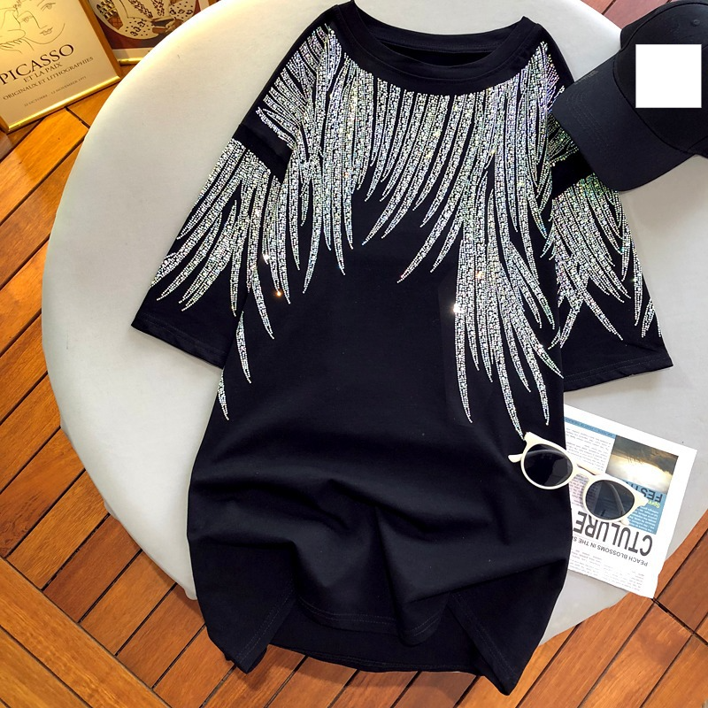 Women's clothing heavy industry bright diamond feather wings short-sleeved t-shirt women's black age-reducing versatile top trendy_voghion.com