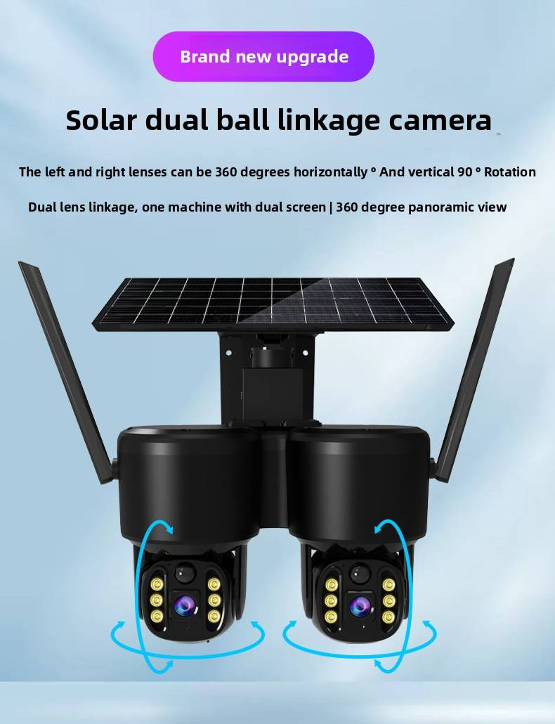 Telecamera di sicurezza PTZ solare a 360° - Vista panoramica a doppio obiettivo, basso consumo energetico, IP66 resistente alle intemperie (visione notturna con tracciamento automatico AI)_voghion.com