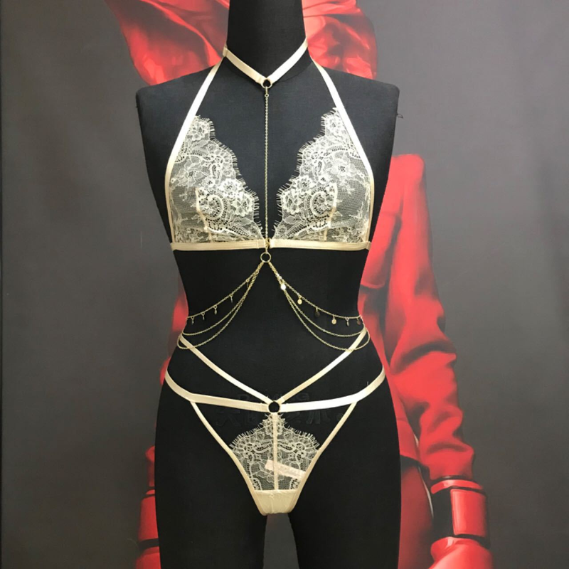 KOOSSOASIS Ketting met gouden stiksels, halterhals van metaal met diamantjes, verstelbare string met lage taille en sexy ondergoedset_voghion.com