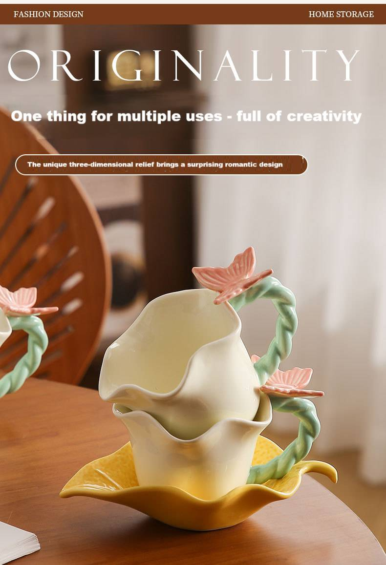 Coffee Cup Flower Language Butterfly Ceramic Cup And Saucer Set With Spoon Exquisite Cup Cute Couple Cup_voghion.com