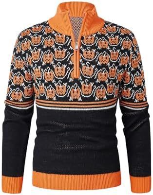 Men's Christmas & Halloween Knit Sweater, Festive Polo Long-Sleeve Top With Reindeer, Pumpkin & Snowflake Jacquard, Breathable Acrylic Pullover_voghion.com