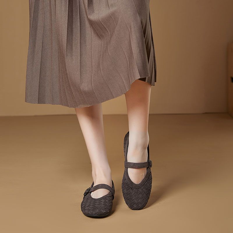 Simple And Versatile Woven Belt Mary Jane Shoes, Round Toe Single Shoes With Woven Texture, Breathable Sheepskin Pad, Comfortable Suede_voghion.com