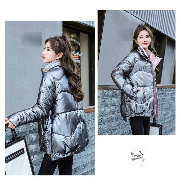 Piumino corto da donna con finitura lucida, cappotto trapuntato leggero, capospalla invernale con collo alto, vestibilità comoda e casual._voghion.com