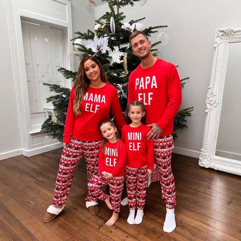 Passende Familienoutfits: Weihnachtliches Familien-Pyjama-Set mit rotem Aufdruck, langärmelig, für Eltern und Kinder_voghion.com
