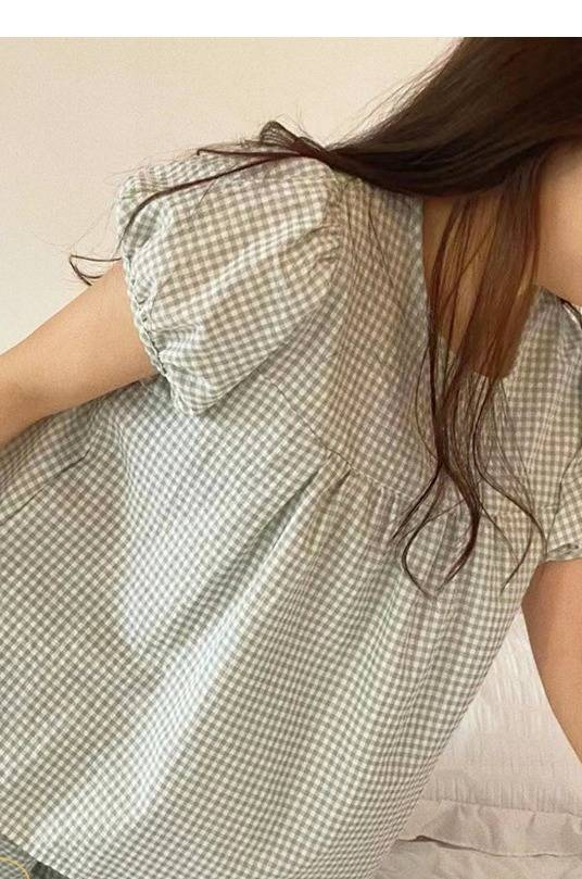 « Ensemble de vêtements d'intérieur d'été pour femmes – Pyjama à manches courtes en tissu léger à bulles, respirant et doux (taille unique, beige/bleu/rose) »_voghion.com