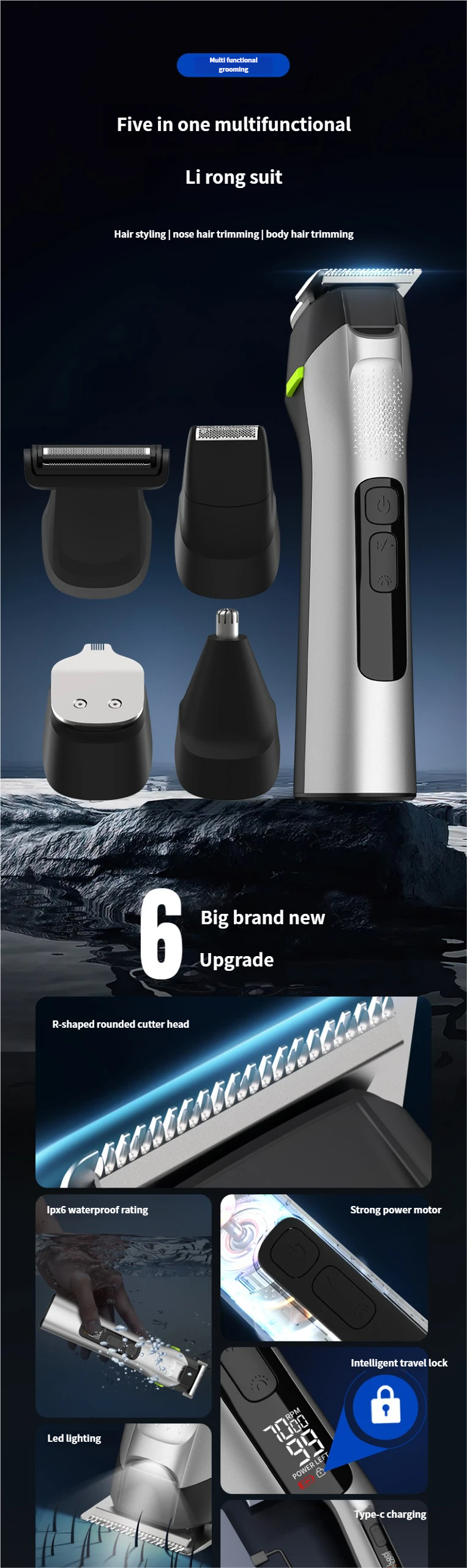 Tagliacapelli elettrico da uomo 5 in 1, tagliacapelli elettrico completamente impermeabile, tagliacapelli per il naso, rasoio e set da barba con luce_voghion.com
