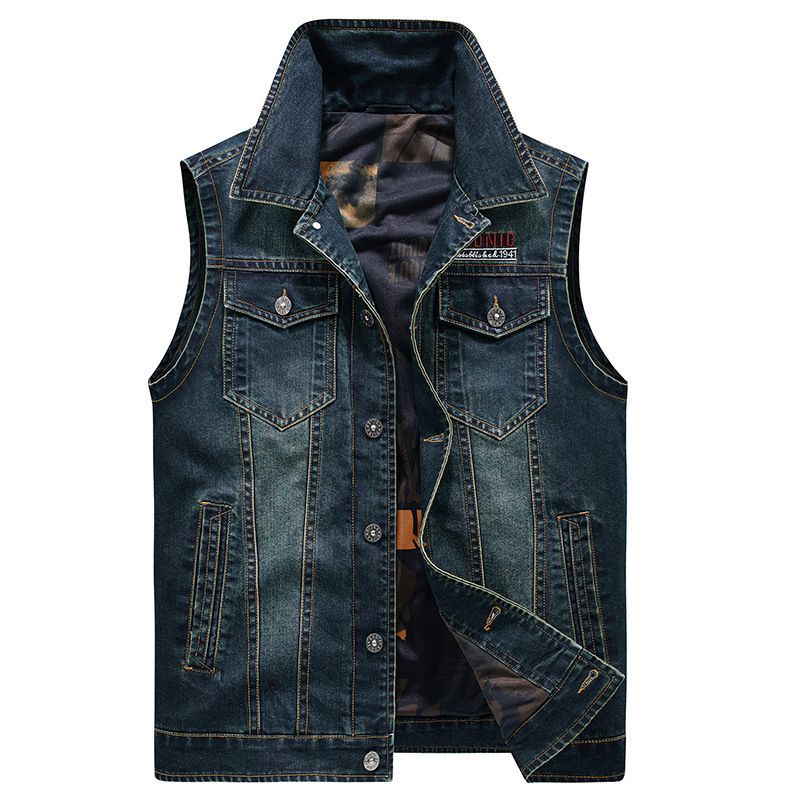 Gilet en jean pour homme avec col à revers et multiples poches, veste sans manches décontractée et ample, grandes tailles (jusqu'à 4XL)_voghion.com