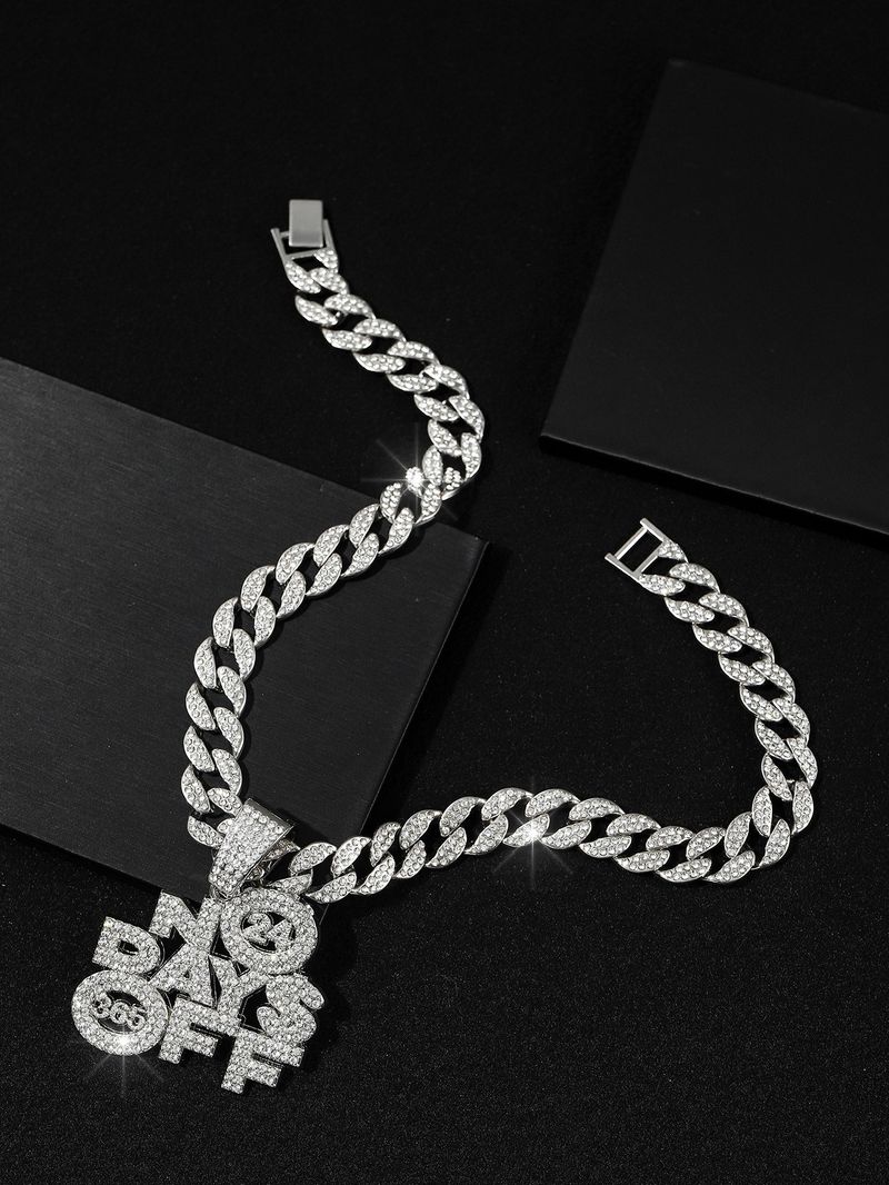 Hip Hop Letters NO DAYS OFF Necklace 24 Cuban Chain Decoration Alloy Number 365 Pendant_voghion.com