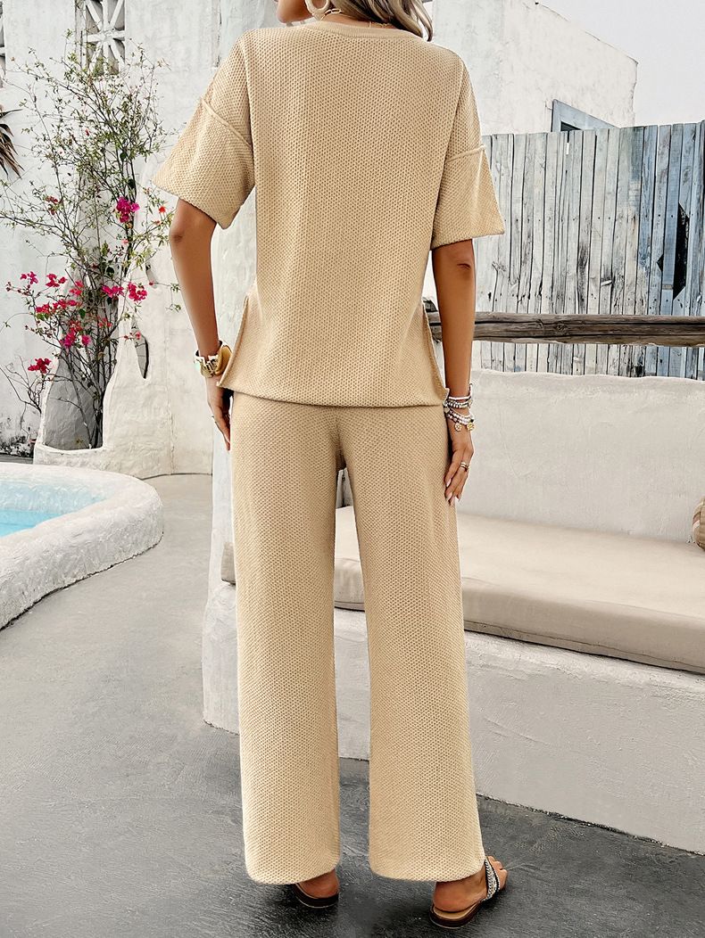 Women's Clothing Spring And Summer Temperament Leisure Solid Color Knitted Short Sleeved Trousers Suit_voghion.com