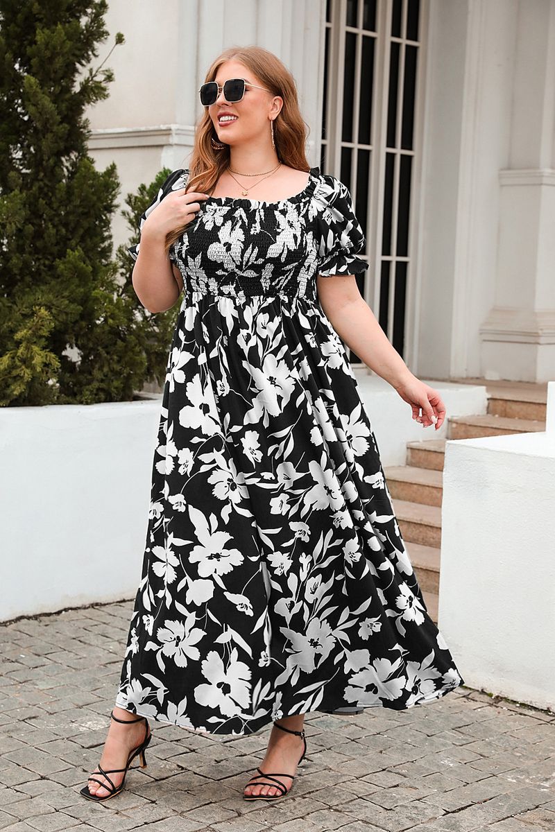 Kadınlar için büyük beden baskılı günlük tatil elbisesi Bohem Fransız zarif MIDI elbise_voghion.com