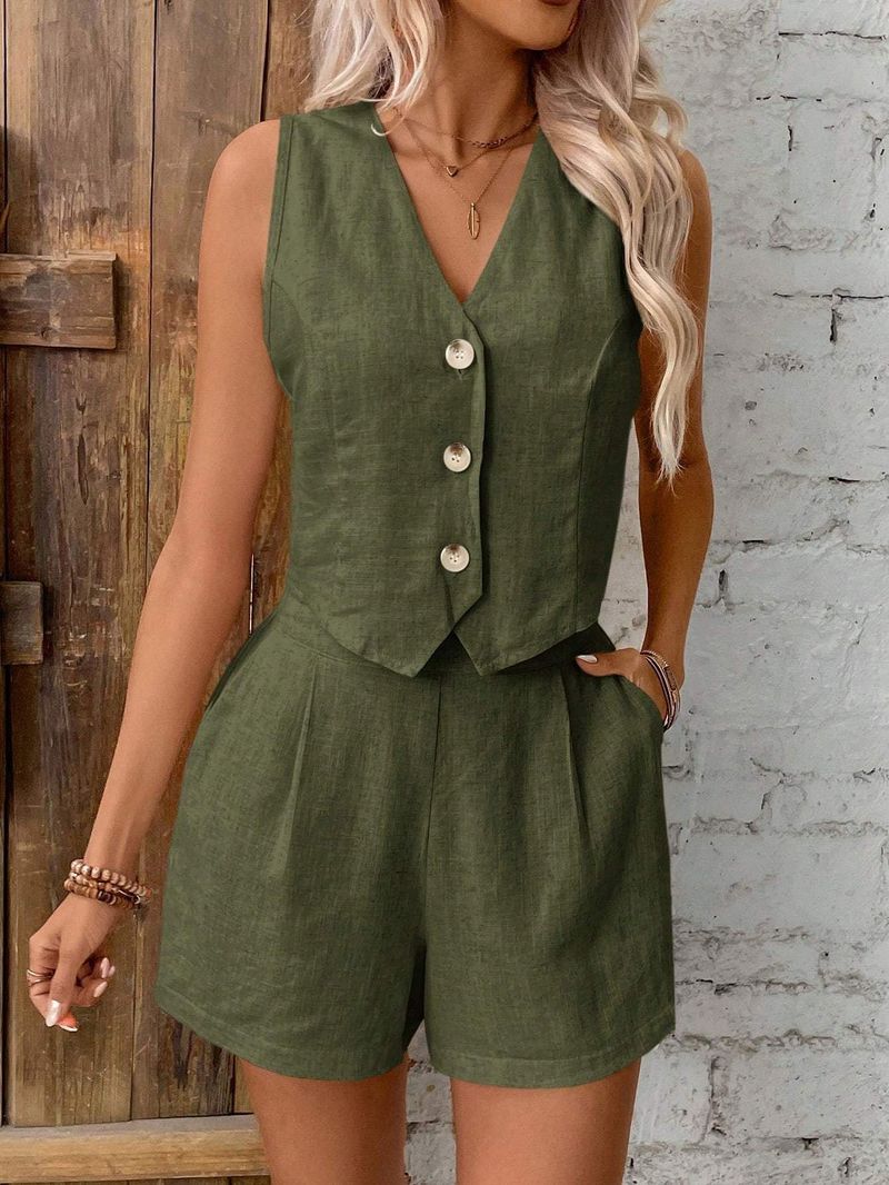Conjunto de ropa de mujer de lino, informal, de verano, con chaleco y pantalones cortos con botones delanteros y cuello en V, ropa de otoño_voghion.com