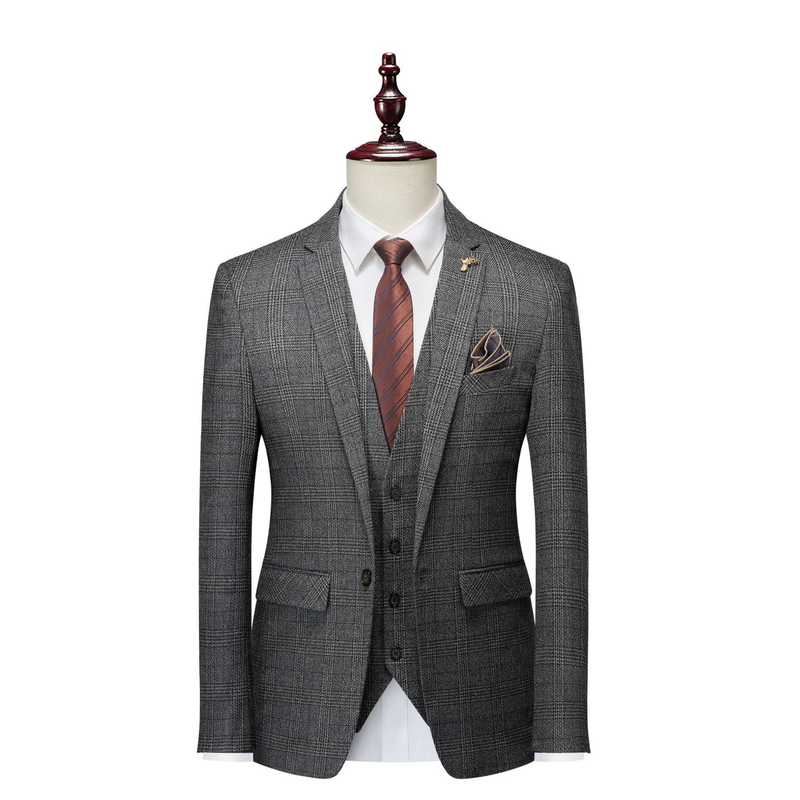 Conjunto de chaqueta de traje casual delgado a cuadros de ropa de hombre de 3 piezas_voghion.com