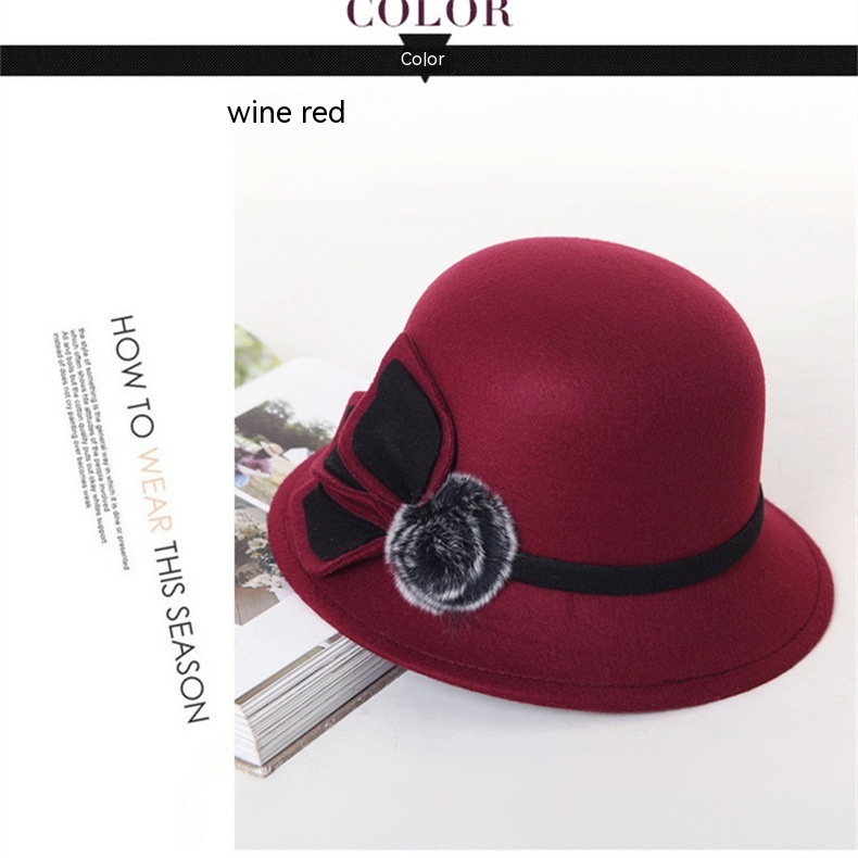 Wollzylinder-Hut, französischer Luxus, einseitiger Plüschball, Frühling und Herbst, englischer Feng Shui-Eimerhut, Vintage-Stil, eleganter kleiner Topfhut_voghion.com