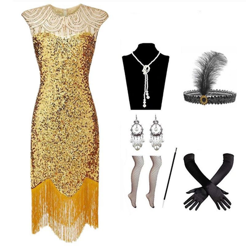 Abito da sera da banchetto da donna, con frange di paillettes, scollo tondo, stile Gatsby, anni '20_voghion.com