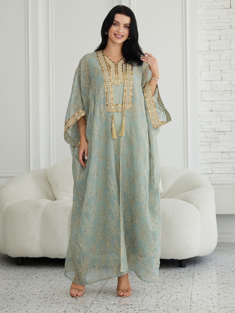 Elegantes, besticktes Abaya-Kleiderset mit Weste aus Dubai für Muslime – langärmliges Maxikleid mit Blumenspitze für Damen (Hellgrün, M/L/XL/XXL)_voghion.com