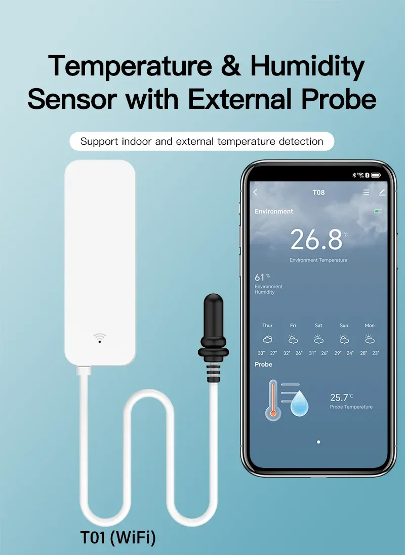 Sensore di umidità e temperatura Tuya WiFi con sonda esterna per app di monitoraggio igrometro per la casa intelligente per piante e acquari_voghion.com