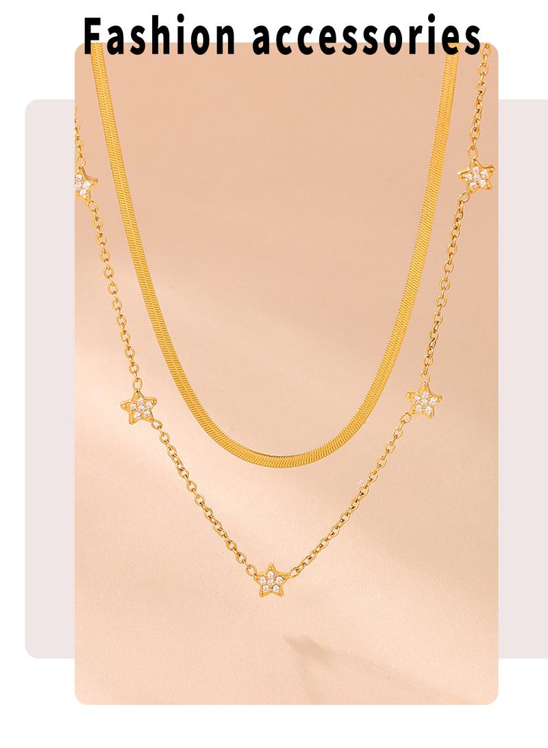 Five-pointed Star Inlaid Zircon Necklace, Small Diamond Gypsy Star Collarbone Necklace, Titanium Steel Gold-plated Simple Double-layer Item Jewelry._voghion.com
