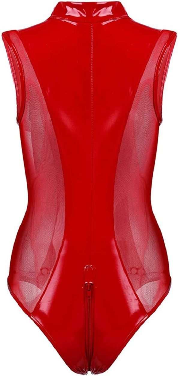 New Sexy Lingerie For Women Patent Leather Mesh One-Piece Zipper Set_voghion.com