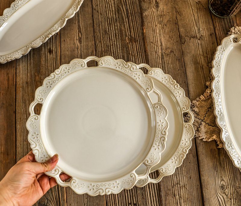 Luxury Ceramic Dinner Plates Set – 10.3" Elegant Embossed Round & Oval Plates With Wooden Pedestal (Microwave Safe, Minimalist Chic For Home & Cafe)_voghion.com