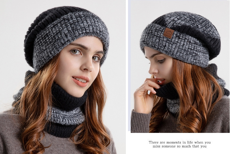 Gorro cálido con protección para los oídos para mujer, además de calentador de cuello de terciopelo, conjunto de dos piezas, gorro de punto grueso_voghion.com