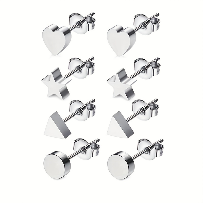 4 par/set de pendientes redondos de corazón triangular de acero inoxidable para mujeres y hombres, moda Punk Hiphop, pendientes geométricos, accesorios de joyería, regalos_voghion.com
