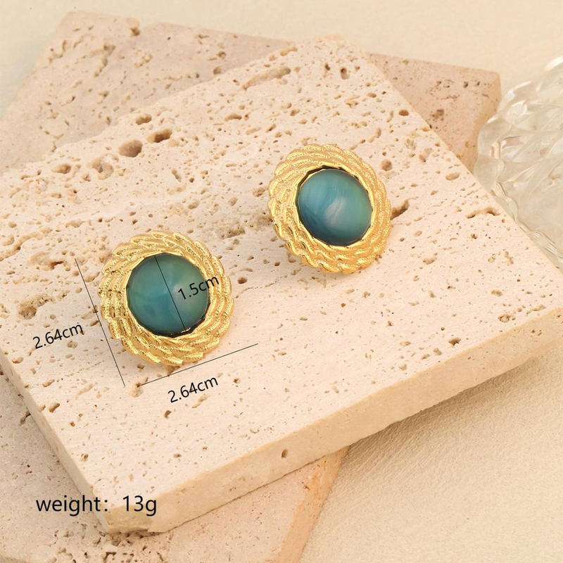 New light luxury retro irregular round earrings for women, inlaid with cat eye stones, high-end and exaggerated design, stainless steel earrings_voghion.com