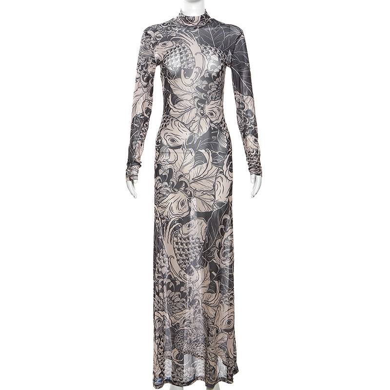 Abito lungo da donna con stampa a rete di Puss, con collo alto, aderente, a maniche lunghe, alla moda, per autunno, stile hipster, abbigliamento da strada, Y2K_voghion.com
