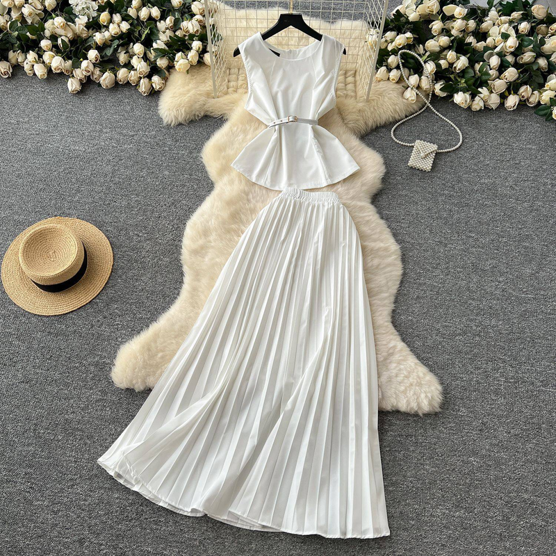 Vêtements pour femmes, haut sans manches à col rond, taille haute, amincissant, grande jupe plissée, ensemble deux pièces_voghion.com