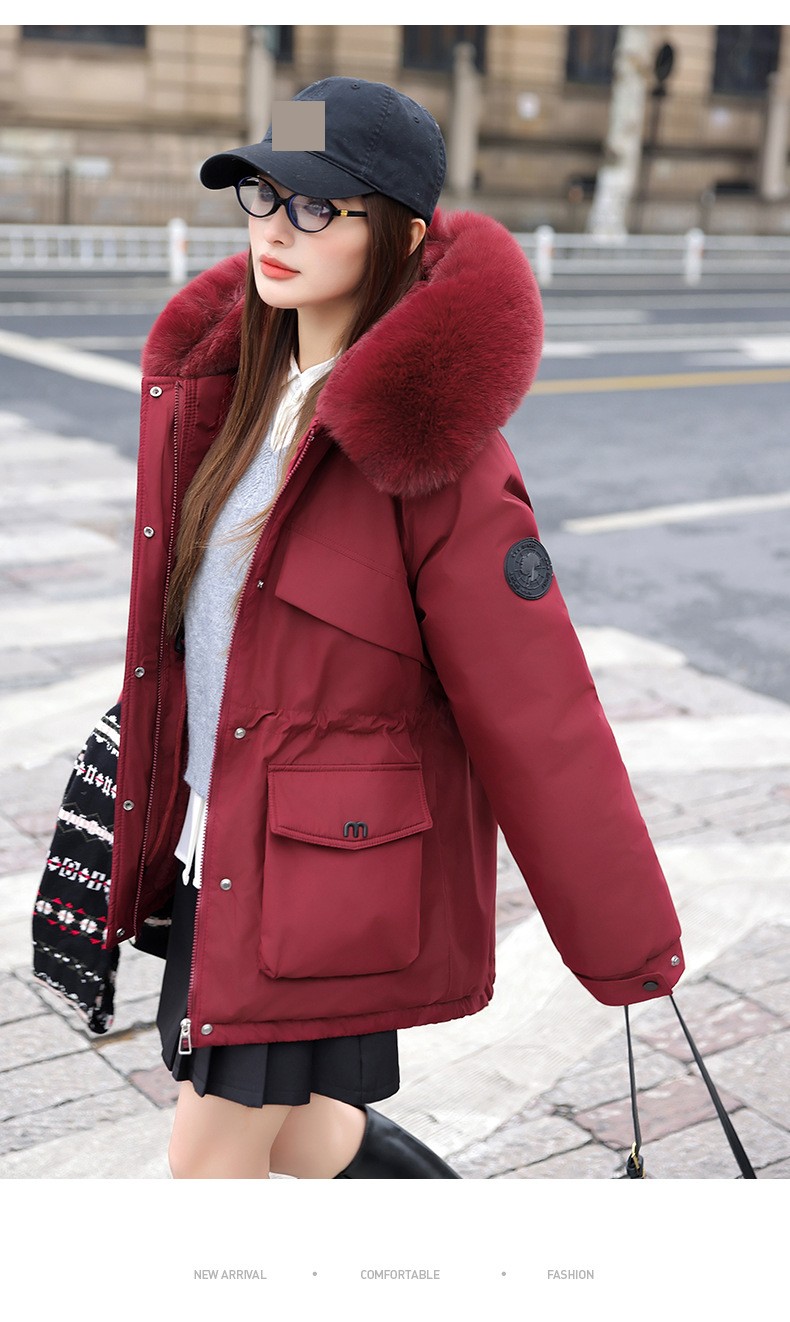 Damen Steppjacke mit Kunstfellkapuze, Hüftgurt, großen Taschen - Wintermantel für Damen, kurze Pufferjacke, warme Oberbekleidung_voghion.com