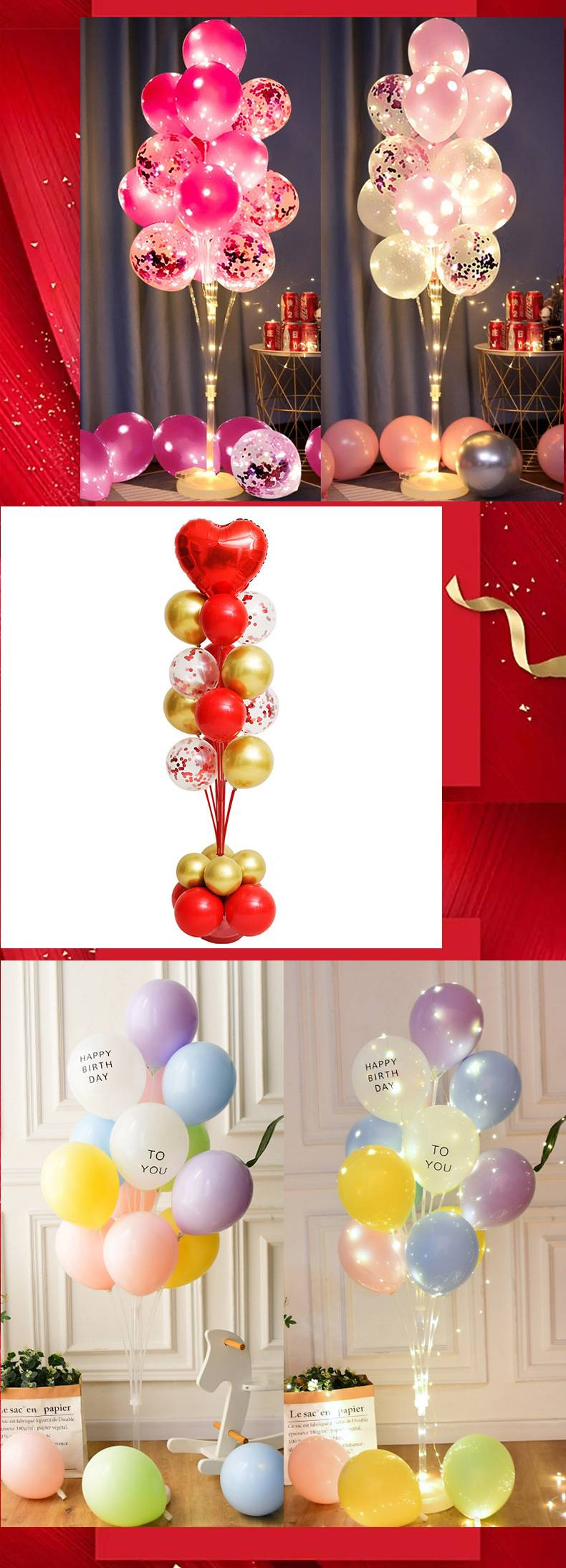 Clear Balloon Stand Holder For Table Decorations - Adjustable Height 1m/1.3m/1.6m - Wedding, Birthday, Party Balloon Arch Base (White & Red)_voghion.com