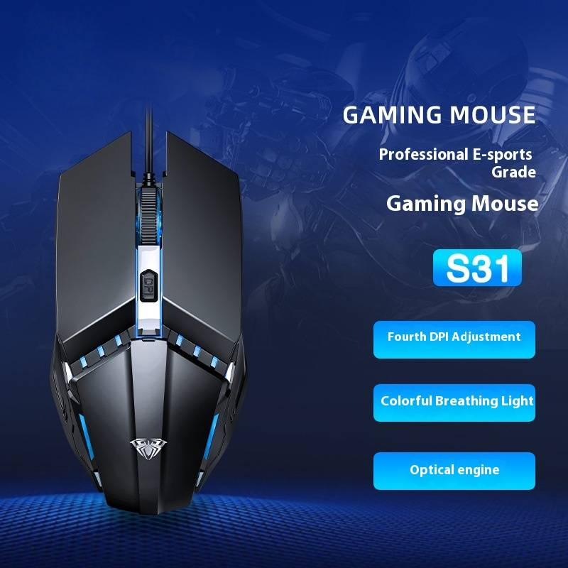 Mouse da gioco cablato S31 con illuminazione RGB, 1200 DPI, design ergonomico a 4 tasti, mouse ottico USB per PC/desktop (nero/bianco)_voghion.com