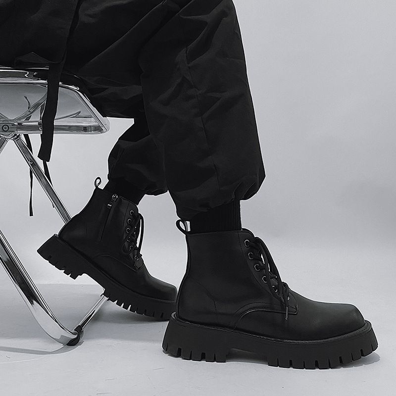 Men's Shoes British Tooling Boots Top Layer Leather Martin Boots Men's Black Leather Short Boots_voghion.com