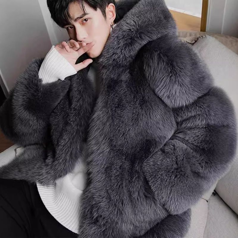 Modischer Kunstpelzmantel mit Kapuze für Herren – Toskana-inspirierte Winterjacke für Jugendliche (Grau & Schwarz, trendiger Streetwear- & Casual-Style)_voghion.com