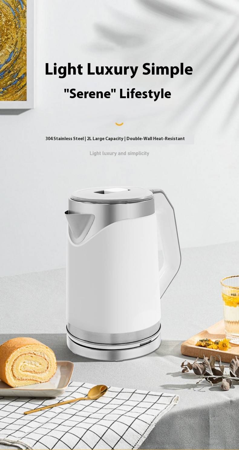 2.0L Electric Kettle – Fast Boiling (6-10 Min), 110V/220V Dual Voltage Stainless Steel & ABS Body (White/Black, Ideal For Home & Office)_voghion.com