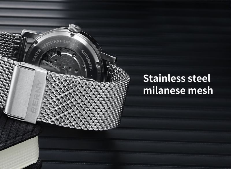 BERNY Automatic Watches For Men Minimalist Stainless Steel Mesh Band Analog Mechanical Watch With Date 5ATM Waterproof Luminous Sapphire Wrist Watch_voghion.com