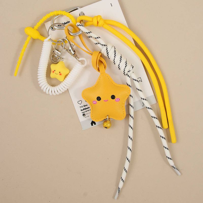 Happy Smiley Star Keychain - PU Leather 3D Pendant With Braided Rope For Bags, Backpacks & Keys (Yellow)_voghion.com