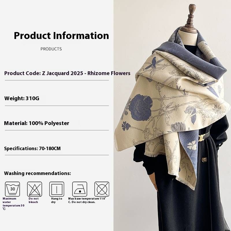 Dwustronny szal z imitacji kaszmiru – zimowy, ciepły, kwiatowy szal dla kobiet i na prezent (w stylu koreańskim, dwustronny, miękki i przytulny)_voghion.com