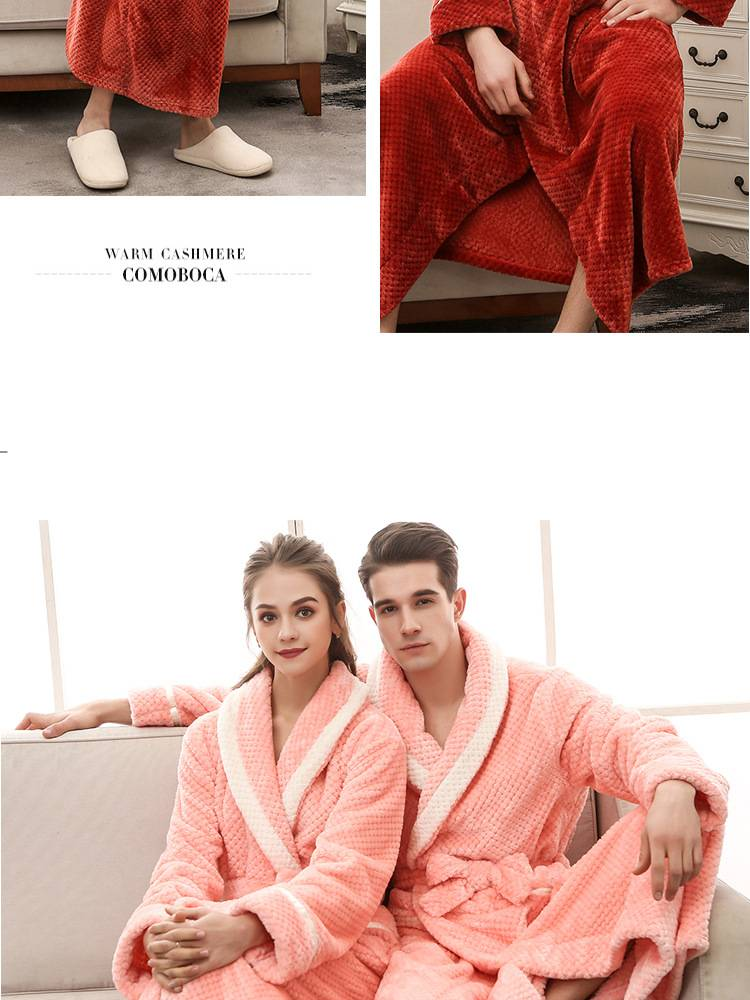 Underwear & Sleepwears Ultra-Soft Flannel Couple's Robe - Winter Warm Bathrobe For Women & Men, Oversized Long Plush Sleepwear, Navy/Red/Orange/Pink_voghion.com