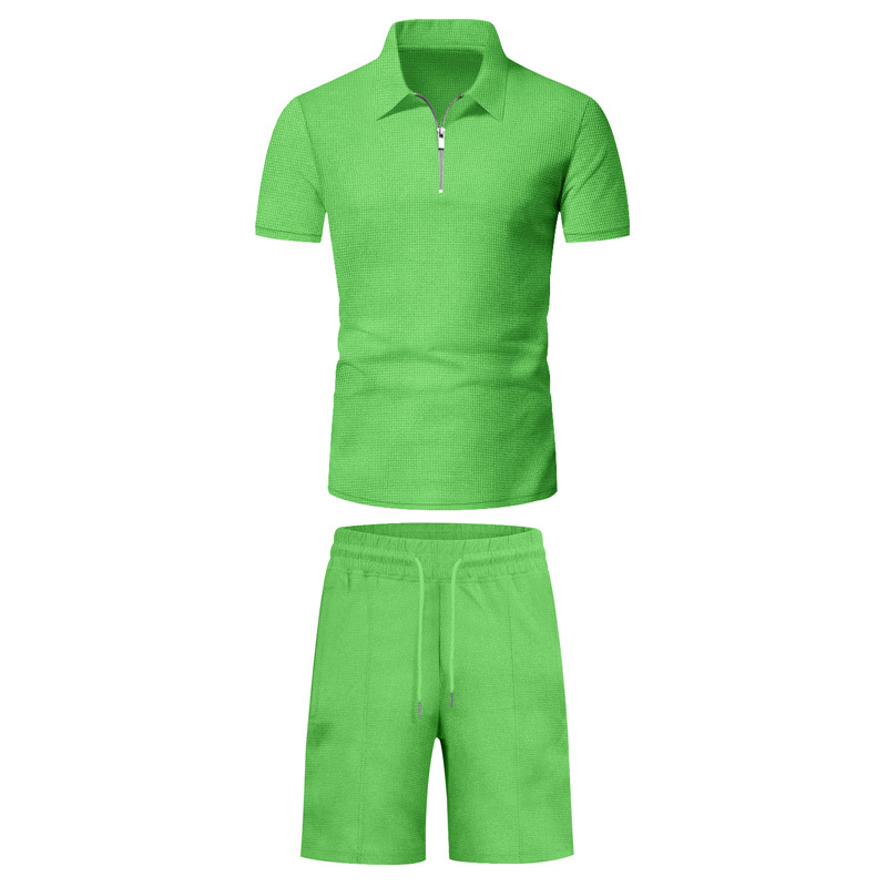 Herreklær Kortermede Shorts Fritidsdress Sommer Vaffel Ensfarget Fritids T-skjorte med Løst Slag Herre_voghion.com