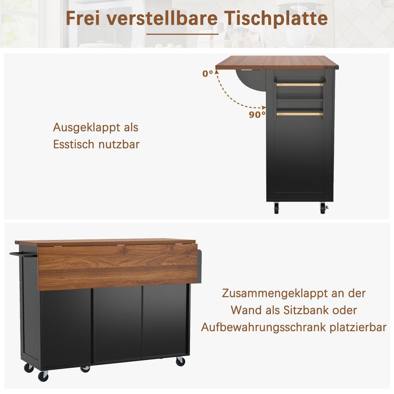 Küchenwagen Mit Ausziehbarer Arbeitsplatte, 2 Türen, 3 Schubladen, Schwarz_voghion.com