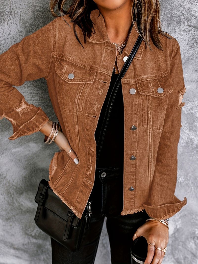 Giacca in denim effetto consumato da donna con dettagli strappati, gilet in denim oversize casual azzurro chiaro, misto spandex elasticizzato per il massimo comfort_voghion.com