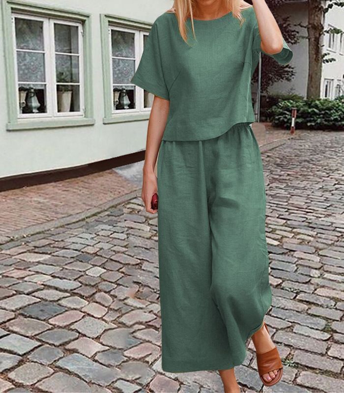 Damen große Größe Anzug Leinen Freizeit lose einfarbig Anzug zweiteiliger Anzug_voghion.com