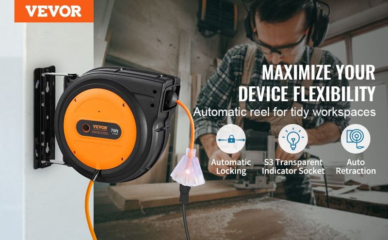 VEVOR Retractable Extension Cord Reel Power Cord Reel 75FT 14AWG/3C SJTOW_voghion.com