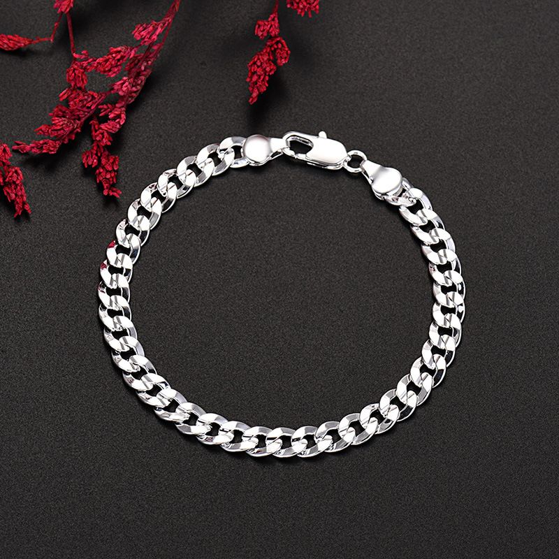 Jewelry Copper Silver Plated Men's And Women's 7MM Side Concave Carved Bracelet Cuban Chain_voghion.com