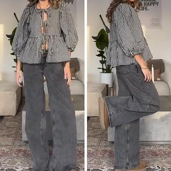 Camicia versatile con maniche a sbuffo, scollo rotondo e cinturino casual dolce da donna_voghion.com
