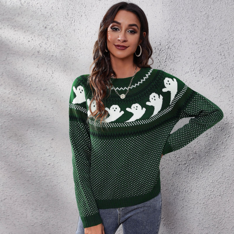"Maglione oversize a pois con maniche a lanterna e motivo fantasma di Halloween Y2K 2025 | Streetwear per festival europei"_voghion.com