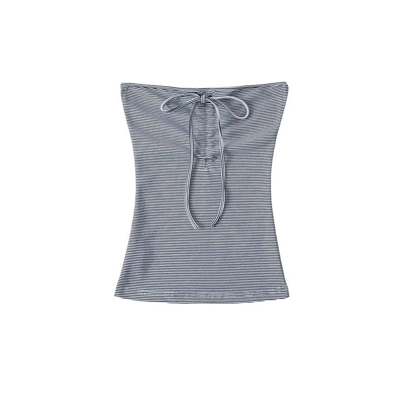 Strapless gestreepte tube trekkoord vest top lage taille gedrapeerde rechte vloerlange broek set_voghion.com