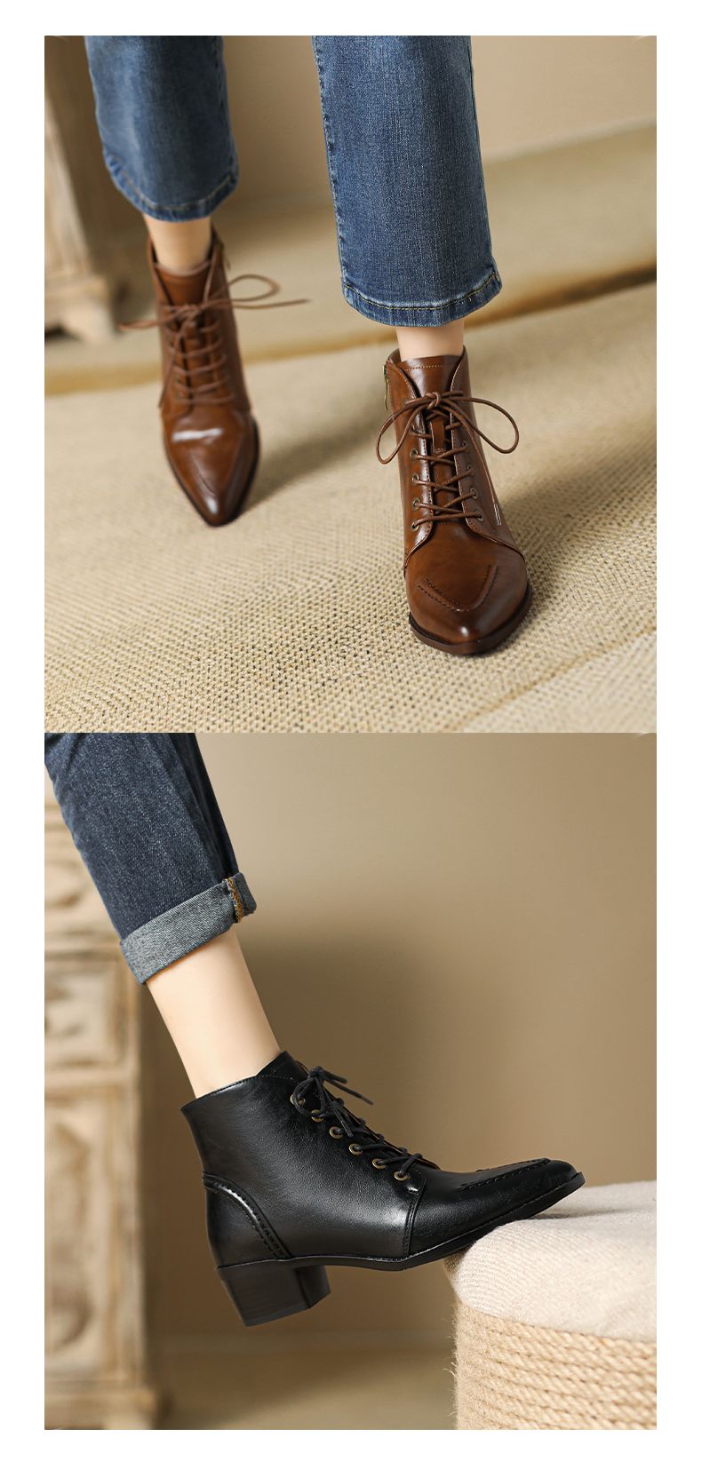 French Pointed Toe Chunky Booties Female New Arrival Shoelace Leather Martin Fall And Winter Ankle Slim Looking Mid Heel_voghion.com