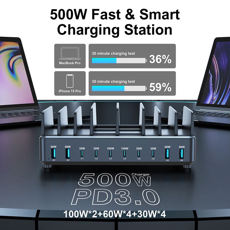 500W USB C Charger 10 Ports Gan Charging Station Stand PD 100W Fast Charge For Book Pro IPhone Samsung Laptops Tablets_voghion.com