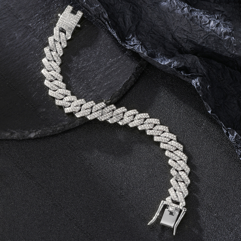13MM Rhombus Prong Cuban Link Chain 2Row Iced Out Rhinestones Rapper Necklaces Bracelet For Men Women Choker Men Jewelry_voghion.com
